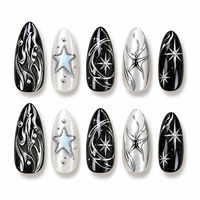 30 faux ongles gothiques faits à la main, forme amande moyenne, avec papillons 3D, étoiles argentées et motifs irréguliers, prêts à poser, style punk noir
