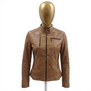 Women's Brown Genuine Leather Breathable Moto <b>Jacket</b> Stand Collar Zipper Closure Full Sleeves Cotton Lining Spring/Winter/Autumn - Product Image 1