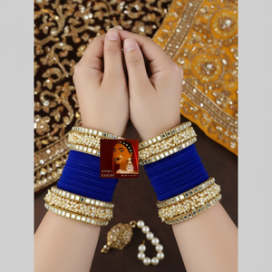 Jewelemarket 2.4" <b>Gold</b> Plated Mirror and Pearls Velvet <b>Bangle</b> <b>Set</b> 11151737BLU Color - Product Image 3