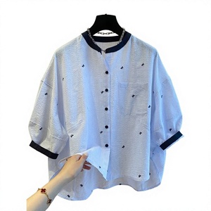 เสื้อเชิ้ตผ้าฝ้ายทรงหลวมสำหรับผู้หญิงพร้อมปกแมนดารินแขนสามส่วนลายจุดลำลองสำหรับฤดูใบไม้ผลิและฤดูร้อน - Product Image 2