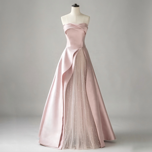 <span class=keywords><strong>Abito</strong></span> da sera <span class=keywords><strong>lungo</strong></span> <span class=keywords><strong>rosa</strong></span> in raso senza spalline a trapezio con vita alta e <span class=keywords><strong>tulle</strong></span> a pois per donna, ideale per invitata a matrimoni e banchetti - Product Image 1