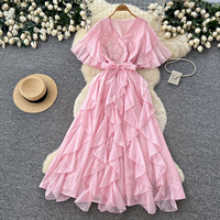 Robe longue élégante pour femme, col en V, manches courtes à volants, ceinturée, broderie feuille de sequins, fluide, pour soirée, avec short intégré