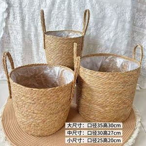 Panier en bambou et en rotin, grand <span class=keywords><strong>pot</strong></span> de plante avec poignées, couvre-plantes pour la verdure, décoration de jardin bohème rustique écologique - Product Image 3