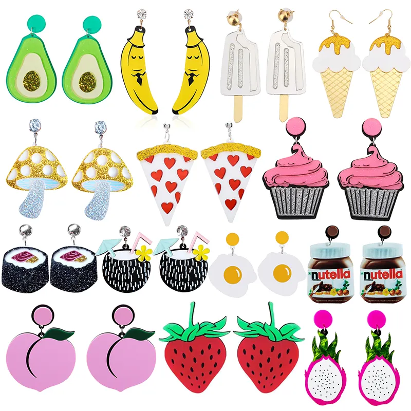 Boucles d'oreilles colorées pour femmes, en acrylique, à la mode, goutte d'eau, cadeaux amusants, dessin animé, crème glacée, fruits, citron, Donuts frit, nouvelle collection