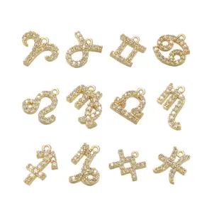 wholesale 12 zodiac gold filled Metal Jewelry Small pave rhinestone charm pendants for necklace bracelet Diy Pendant