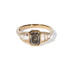 Milskye Luxurious Custom Fine Jewelry 925 Sterling Silver 18k Gold Plated Brown Emerald Cut Diamond Engagement Ring