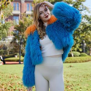 <span class=keywords><strong>Manteau</strong></span> d'hiver en fourrure de laine d'agneau de Mongolie de luxe doux et de couleur mélangée pour femmes - Product Image 3