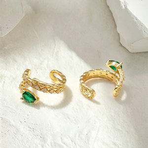 Women's Clip On <b>Earrings</b> Gold Green Zircon C Shape Geometric Design Ear Clips Without <b>Piercing</b> - Product Image 4
