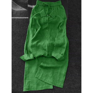 Stile PLC-16 abito Casual da <span class=keywords><strong>donna</strong></span> di <span class=keywords><strong>lino</strong></span> verde di fascia alta Set di due pezzi pigro e rilassato con pantaloni e camicia a gamba larga - Product Image 1