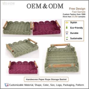 <span class=keywords><strong>Cesta</strong></span> de Almacenamiento Tejida de Cuerda de Papel Estilo Boho con Asas de Madera, Multiusos para Sala de Estar, Entrada, Boda, <span class=keywords><strong>Picnic</strong></span>, Decoración y Organización - Product Image 2