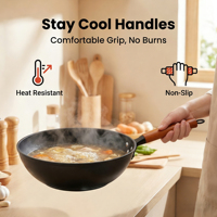 Ensemble de 5 casseroles et poêles en fer, wok, poêle à frire, marmite, manche en bois noir, ensemble de cuisine pour la maison