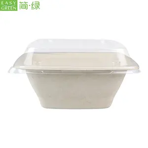 Kolay yeşil tek kullanımlık çevre dostu compostable bagasse 32oz kare salata kasesi EG-32S