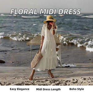 Robe élégante pour femmes, imprimé floral de haute qualité, lavable, manches mi-longues, midi, ample, style occidental, grande taille XL, naturelle - Product Image 3