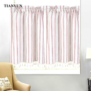 <span class=keywords><strong>Tenda</strong></span> di Lusso Isolante Ecologica in Lino a Righe Rosse, Stile Europeo-Americano, Motivo Corto, Oscurante con <span class=keywords><strong>Macramè</strong></span> per Cucina - Product Image 1