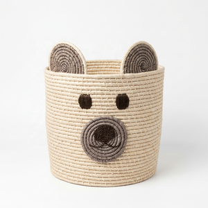 Panier de rangement en raphia fait main avec motif visage d'ours, forme ronde, pour chambre d'enfant, salon, organiseur de jouets, panier tissé - Product Image 2