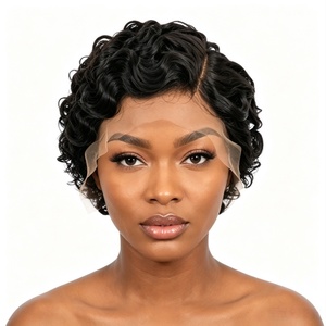Pelucas Cortas Rizadas Tipo <span class=keywords><strong>Chimo</strong></span>, Pelucas Afro, Pelucas de Cabello Corto Negro, Tejidas a Mano, Se Pueden Permanecer y Teñir - Product Image 1