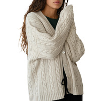 Cardigan en Cachemire Mélangé pour Femme, Col en V, Tricot Câblé, Style Décontracté et Preppy, Couleur Unie, Qualité Supérieure, Vente en Gros