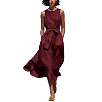 Gaun Maxi Linen Tan Elegan untuk Wanita, Gaun Tanpa Lengan Seksi dengan Ikat Pinggang, Model A-Line, Rok Panjang, Pakaian Santai Musim Panas untuk Pantai dan Resor