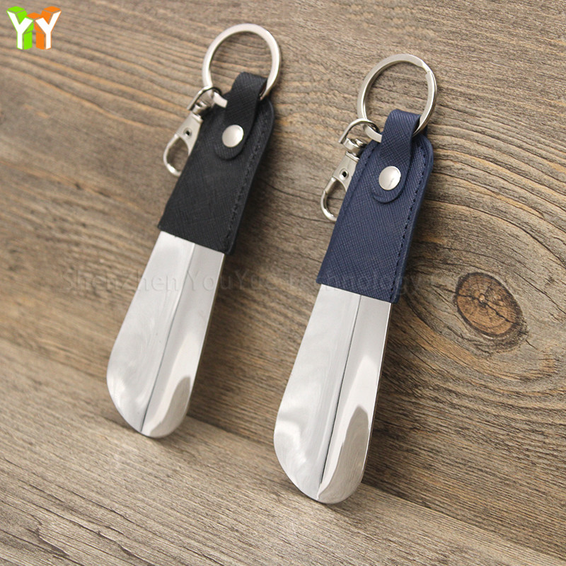 Leather Mini Shoehorn Keyring - Stainless Steel Travel Shoe Horn
