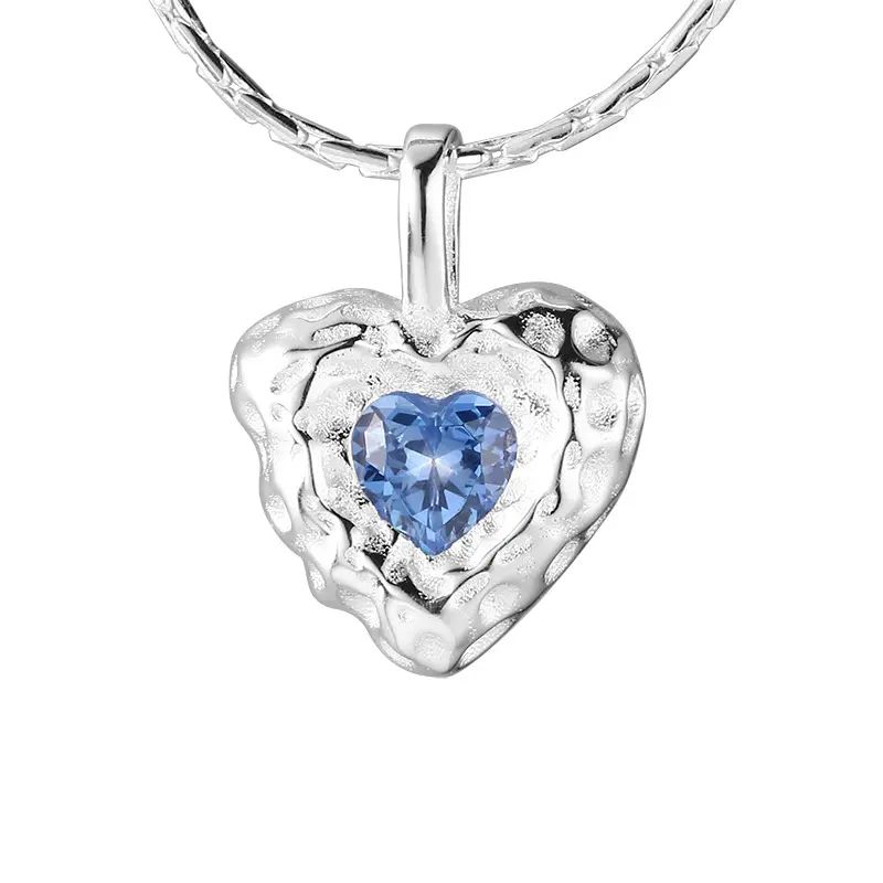 Unregelmäßige strukturierte Liebe Zirkon Halskette 925 Sterling Silber Einfache Licht Luxus Blau Pfirsich Herz geformte Herz Anhänger Halskette