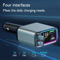 Cargador de Coche GXYKIT GC08 PD65W con Cable Retráctil, Encendedor de Cigarrillos, Carga Rápida, Luz Ambiental LED, 4 Puertos USB C, 12-24V Universal
