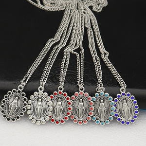 Colar de joias retrô DIY, pingente de prata da Virgem Maria, fio encerado com metal em formato de O. - Product Image 1