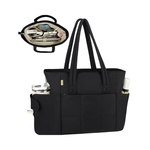 <span class=keywords><strong>Sac</strong></span> fourre-tout de travail léger pour femmes <span class=keywords><strong>grand</strong></span> compartiment pour ordinateur portable 15.6 pouces porte-gobelet poche pour bouteille d'eau <span class=keywords><strong>sac</strong></span> <span class=keywords><strong>à</strong></span> <span class=keywords><strong>main</strong></span> <span class=keywords><strong>noir</strong></span> gonflé - Product Image 1