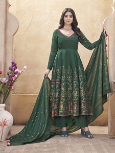 Trajes de estilo Anarkali Salwar Kameez en seda romana con trabajo de espejo y estampado de lámina Diseño elegante de traje paquistaní Anarkali - Product Image 2