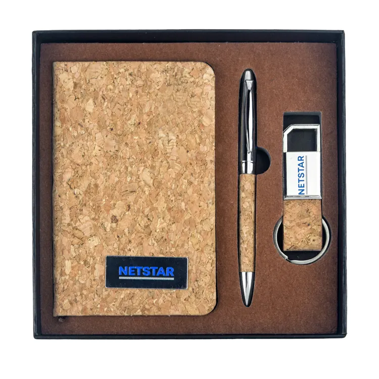 Custom Eco Biodegradable Cork Welcome Kit Lanyard Wooden Pen Notebook Promotional Items Employee Vip Corporate Business Gift Set
