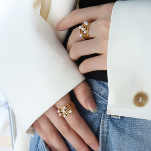 Trendy Luxury 18K PVD Gold Plated <b>Stainless</b> <b>Steel</b> Layered Pearl Wavy <b>Ring</b> for Women | Waterproof Hypoallergenic & Non-Fading - Product Image 4