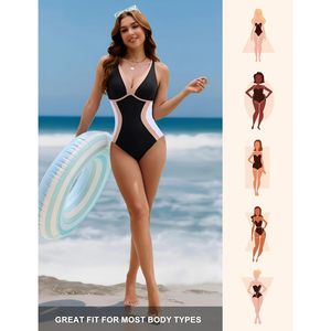 Maillot de bain une pièce femme, col en V profond, effet ventre plat, color block, push-up, collection 2026 - Product Image 5