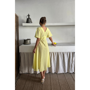 Robe en lin à col en V boutonnée devant, jaune, style midi pour femme, tenue d'été, taille S - Product Image 1