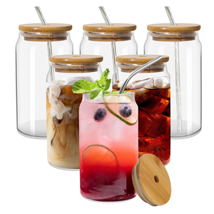 Best Seller 16oz 18oz birra può bere bicchieri può a forma di borosilicato tazza di vetro vasetto con coperchio di bambù e paglia di vetro - Product Image 5