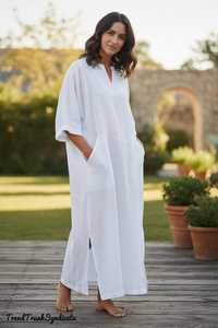 Premium Linen Caftan Women Maxi Bathrobe <b>Dress</b> V-neck A-Line <b>Belt</b> Comfortable Regular Fit Lounge Resort Wear B2B Wholesale - Product Image 2