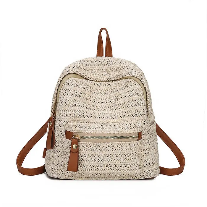 Özel yumuşak polyester saman rahat doğal saman sırt çantası rahat plaj günü sırt çantası el yapımı dantel çanta