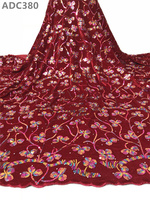Tissu en dentelle de velours violet africain nigérian brodé de sequins et de perles, 100 % polyester élastique, pour robes de mariée et fêtes