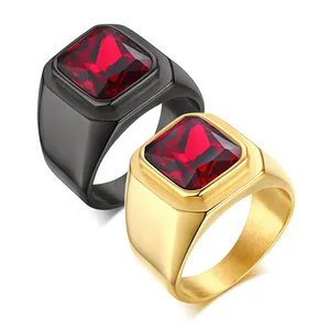 Custom Wholesale 316L Stainless Steel CZ Gemstone Ruby Rings For Men Comfort Fit