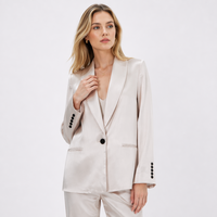 Blazer élégant en satin tissé uni pour femme, revers cranté, bouton unique, coupe ample, veste de costume formelle de bureau avec boutons de manchette