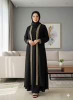 Robe Abaya noire brodée pour femmes, manches longues, longueur au sol, coton modeste, tenue traditionnelle du Moyen-Orient pour tous les jours