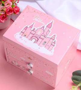 Caja de Joyería Musical de Lujo para Niñas, Rosada, de MDF, con 2 Cajones, Giratoria, con Manivela, en Forma de Corazón, para Princesas - Product Image 3