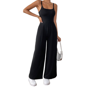 Combinaison noire taille haute à fines bretelles pour femme, coupe ample, jambe large, longueur intégrale, couleur unie, style minimaliste, streetwear, printemps-été - Product Image 1