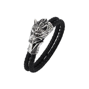 Yunnique Pulsera trenzada de cuero genuino para hombre, joyería de plata tibetana con cabeza de león, regalo del zodiaco animal, circunferencia interior de 205mm - Product Image 5