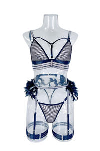 Ensemble de lingerie sexy pour femmes, bralette en résille érotique, string argenté, 3 pièces, avec plumes ajourées - Product Image 5