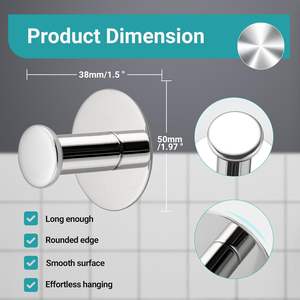 Crochets ronds autocollants en acier inoxydable, crochets pour serviettes et peignoirs, chromés polis, salle de bain, cuisine, ensemble de 2 pièces, 5x5x3.8cm - Product Image 2