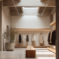 Support d'exposition pour vêtements pour hommes, style minimaliste, lumière naturelle, luxe, combiné à un éclairage doux et à une texture bois