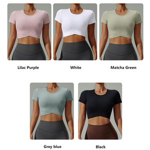 <span class=keywords><strong>T</strong></span>-<span class=keywords><strong>shirt</strong></span> de fitness pour <span class=keywords><strong>femme</strong></span> avec logo personnalisé, crop top sexy à ourlet croisé, respirant, à manches courtes, pour yoga, pilates, course à pied et entraînement en salle de sport - Product Image 5