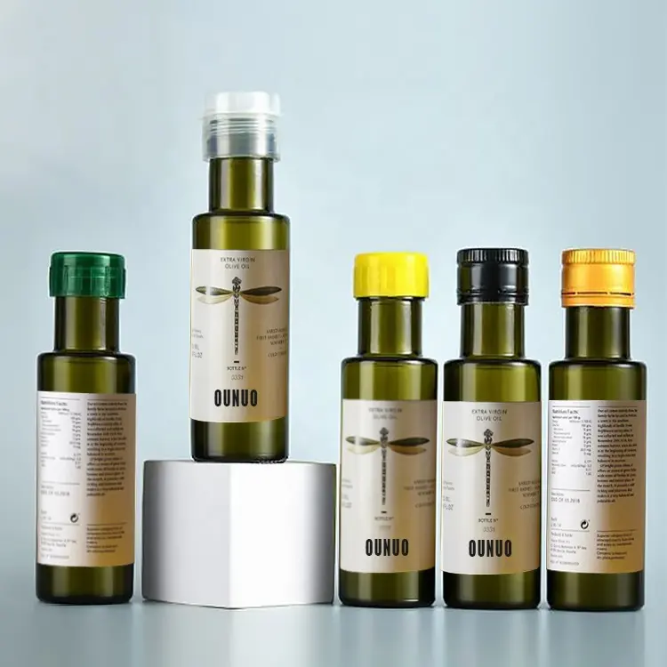 Bouteille d'assaisonnement de marque privée 100ml bouteilles vides rondes en verre d'huile d'olive de cuisson vert foncé avec bouchon en plastique/aluminium