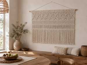 Tapisserie murale en crochet faite à la main en forme de U, motif géométrique, style bohème, 100% coton biologique, décoration intérieure - Product Image 1