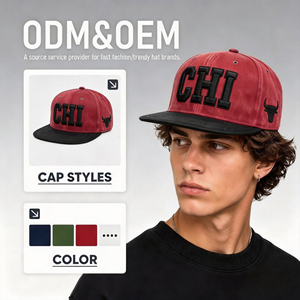 Gorra Snapback Personalizada CHI con Bordado 3D, Roja y Negra, <span class=keywords><strong>de</strong></span> Dos Tonos, con Visera Plana, Logotipo Lateral <span class=keywords><strong>de</strong></span> Toro, Estilo Hip Hop <span class=keywords><strong>de</strong></span> <span class=keywords><strong>Chicago</strong></span> - Product Image 1