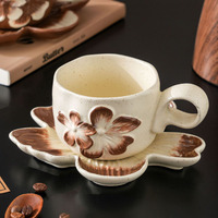 Tasse à café et soucoupe en céramique vintage à effet de four, motif floral, pour le thé de l'après-midi, exquise, gaufrée, façonnée à la main, irrégulière